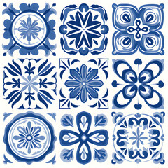 Blue watercolor seamless pattern  of azulejos tiles 