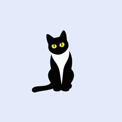 Vector illustration of a black and white cat with big yellow eyes.