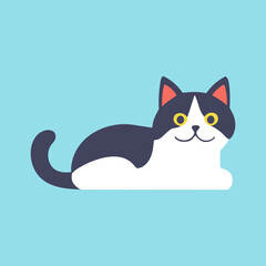 Obraz premium Vector illustration of a black and white cat lies peacefully on a bright blue background.