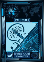 AI-generated illustration of a map of DUBAI with an illustration of a space station in the corner