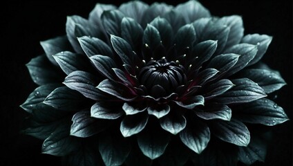 AI generated illustration of a dark dahlia flower with lush green leaves