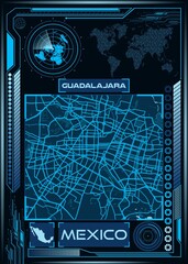 A map of GUADALAJARA with an illustration of a space station in the corner