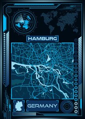 AI-generated illustration of a map of HAMBURG with an illustration of a space station in the corner