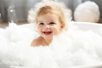 Cheerful happy little kid bathing in bathtub in foam