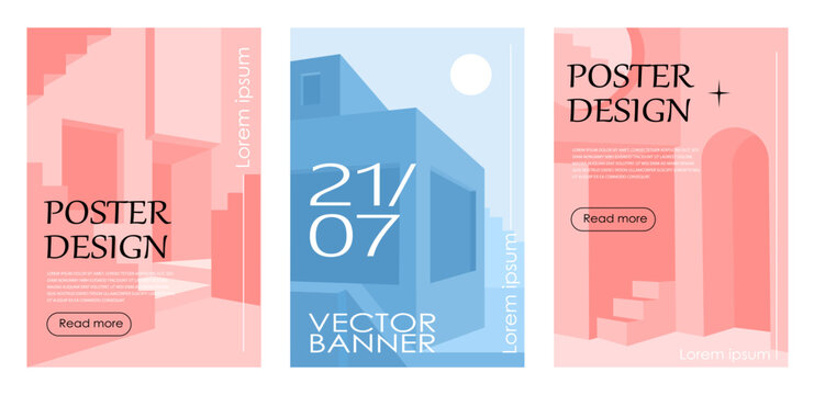 Abstract architecture posters set. Pink and blue flyers and leaflets. Design and construction, buildings. Typography and calligraphy. Cartoon flat vector collection isolated on white background