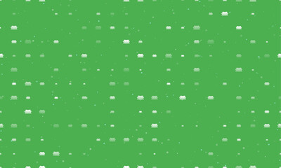 Seamless background pattern of evenly spaced white sofa symbols of different sizes and opacity. Vector illustration on green background with stars