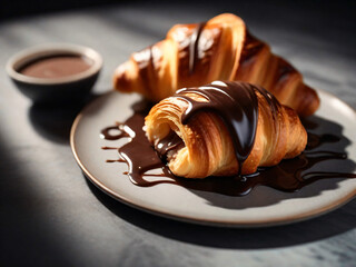 Croissant with Melted Chocolate on Plate