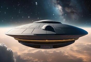 Obraz premium AI generated illustration of a futuristic-looking spaceship flying through a deep blue sky