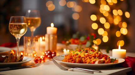 Christmas dinner. Festive table with delicious food - 684772539