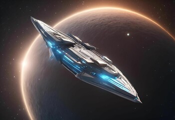Obraz premium AI generated illustration of a futuristic spacecraft soaring in front of a celestial moon
