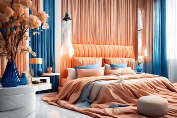closeup view, the modern bed with color light orange, with luxury items, white background, with...