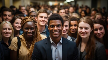 Obraz premium Energetic group of diverse young individuals indoors, celebrating unity and friendship with a blend of cultures and backgrounds.