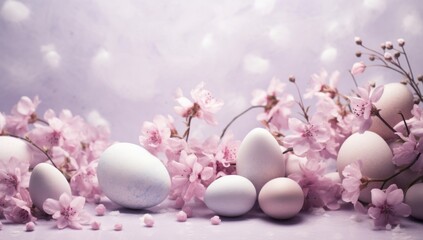 White Easter eggs with pink flower on pink pastel background with copy space. Happy Easter.