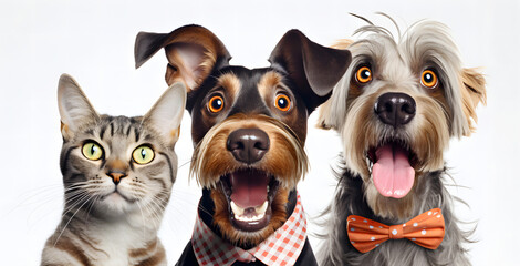 Two surprised shaggy dogs and a cat look at us. White background - 684773188