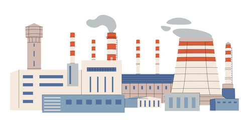 Obraz premium Nuclear power plant with towers, energy generators. Electric station building, powerhouse. Electricity generation.