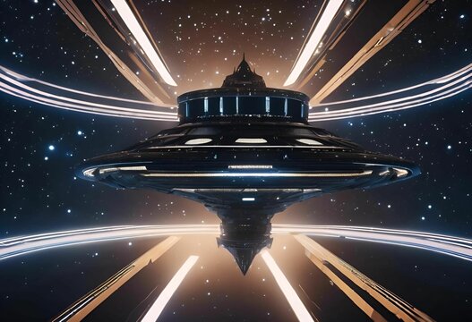 AI generated illustration of a futuristic alien spacecraft soaring over a luminous space station