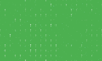 Seamless background pattern of evenly spaced white mallet symbols of different sizes and opacity. Vector illustration on green background with stars