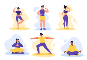 Choice of sport set. Man and woman doing physical exerssices. Strong guys and stretches girls. Workout and yoga, bodybuilding. Cartoon flat vector collection isolated on white background