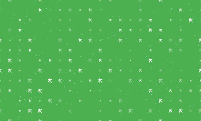 Seamless background pattern of evenly spaced white combat robots of different sizes and opacity. Vector illustration on green background with stars