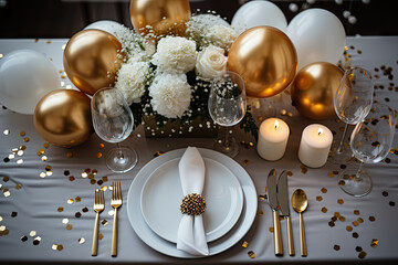 A table set with gold and white decorations