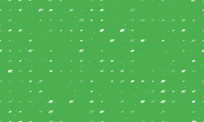 Seamless background pattern of evenly spaced white raccoon symbols of different sizes and opacity. Vector illustration on green background with stars