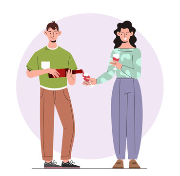 Couple celebrating with wine. Man and woman with bottle and glasses with alcohol. Beverage and alcoholic drinks. Holiday and festival. Cartoon flat vector illustration isolated on white background