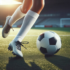 Close up football or soccer player foot playing with the ball in stadium. ai generative