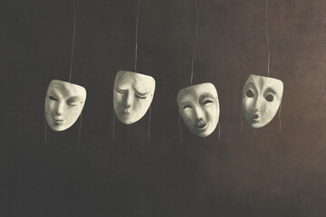 illustration of theatrical white masks with different facial expression