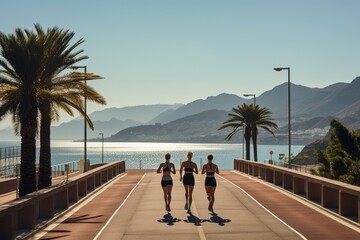Three women jogging on beach promenade, embracing a fit lifestyle during summer