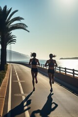 Two women jogging on beach promenade, embracing a fit lifestyle during summer