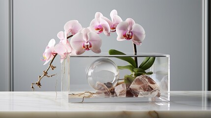 A clear glass Valentine's gift box, elegantly showcasing a delicate orchid plant, on a marble countertop.