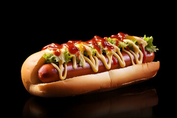 Hotdog Promotional commercial food photo isolated on black background
