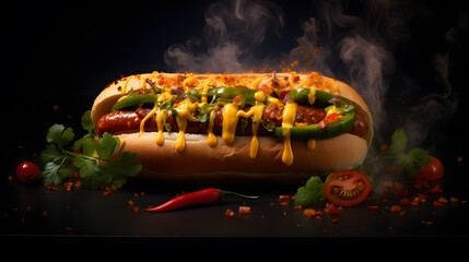 Hotdog Promotional commercial food photo isolated on black background - obrazy, fototapety, plakaty
