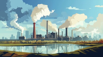 Industrial landscape with factories and smoking chimneys on the water with city in background