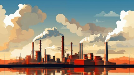 Industrial landscape with factories and smoking chimneys at sunset