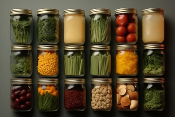 Preserving food. Grocery items in glass containers, top view flat lay. Healthy eating, neat storage. 