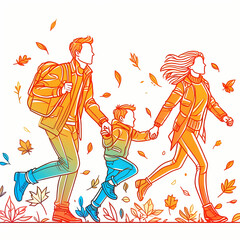 Fototapeta premium Line art of a family walking among the falling autumn leaves
