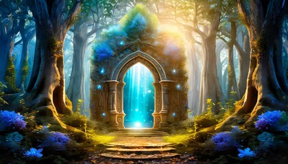 art of a magical portal in the middle of an enchantic spectacula fantastic forest