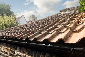 Clay tiles close-up. Old tiles on the house