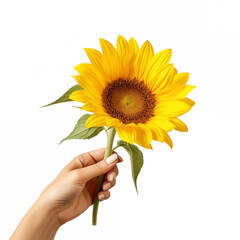 Female hand holding a sunflower on white background, Generative AI