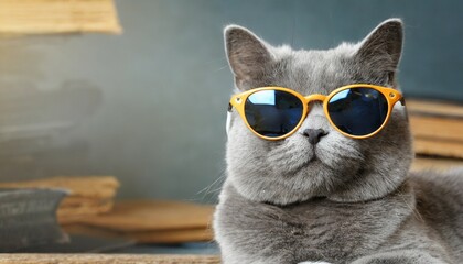 funny muzzle of gray cat in sunglasses