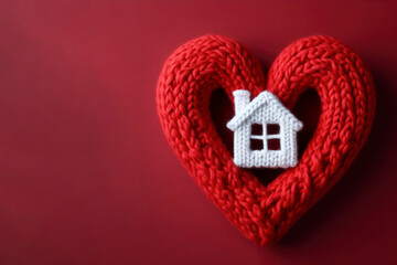 Knitted red heart shaped with white house on red background. ai generative