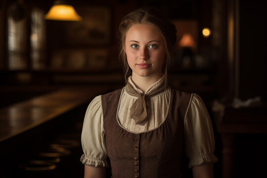 Pretty saloon waitress - wild west era - old west - western - Victorian - hair pulled back in a bun - brown dusty worn uniform