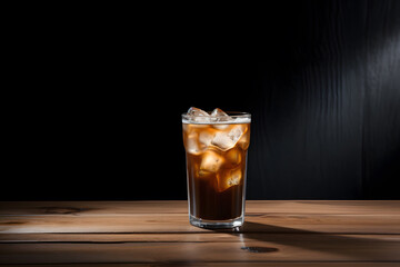 Glass of iced coffee or cola isolated on black background.