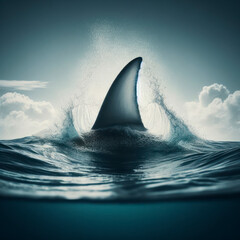 Fototapeta premium Shark fin above ocean water closeup. ai generative