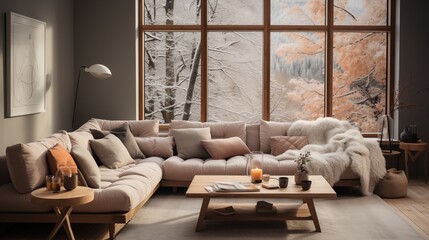 Spacious living room with big windows, book shelves, sofa, table and plants. Panoramic windows. Alpine villa