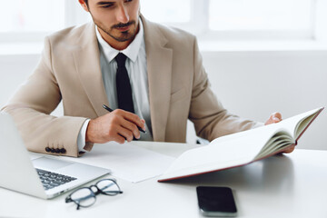 Fototapeta premium Concept man business desk write hands pen document plan suit businessman