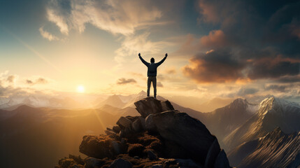 Happy success winning man on summit arms up at sunset - obrazy, fototapety, plakaty