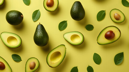 Fresh Avocados and Leaves on a Bright Yellow Background Top View