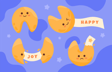 Fortune cookies set. Homemade pastry and bakery with paper with wishes. Goliday and festival food. Poster or banner. Cartoon flat vector collection isolated on blue background